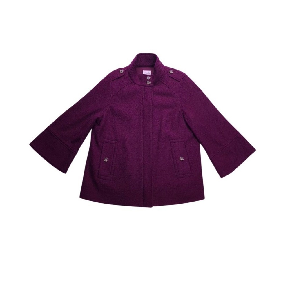Chico's Pea‎ Coat Women 2 Purple Wool Zip Up Funnel Neck Epaulets